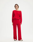 SUUKSESS Women 2 Piece Lounge Matching Set Off Shoulder Sweatshirt Wide Leg Sweatpant-SUUKSESS-Red-XS-SUUKSESS