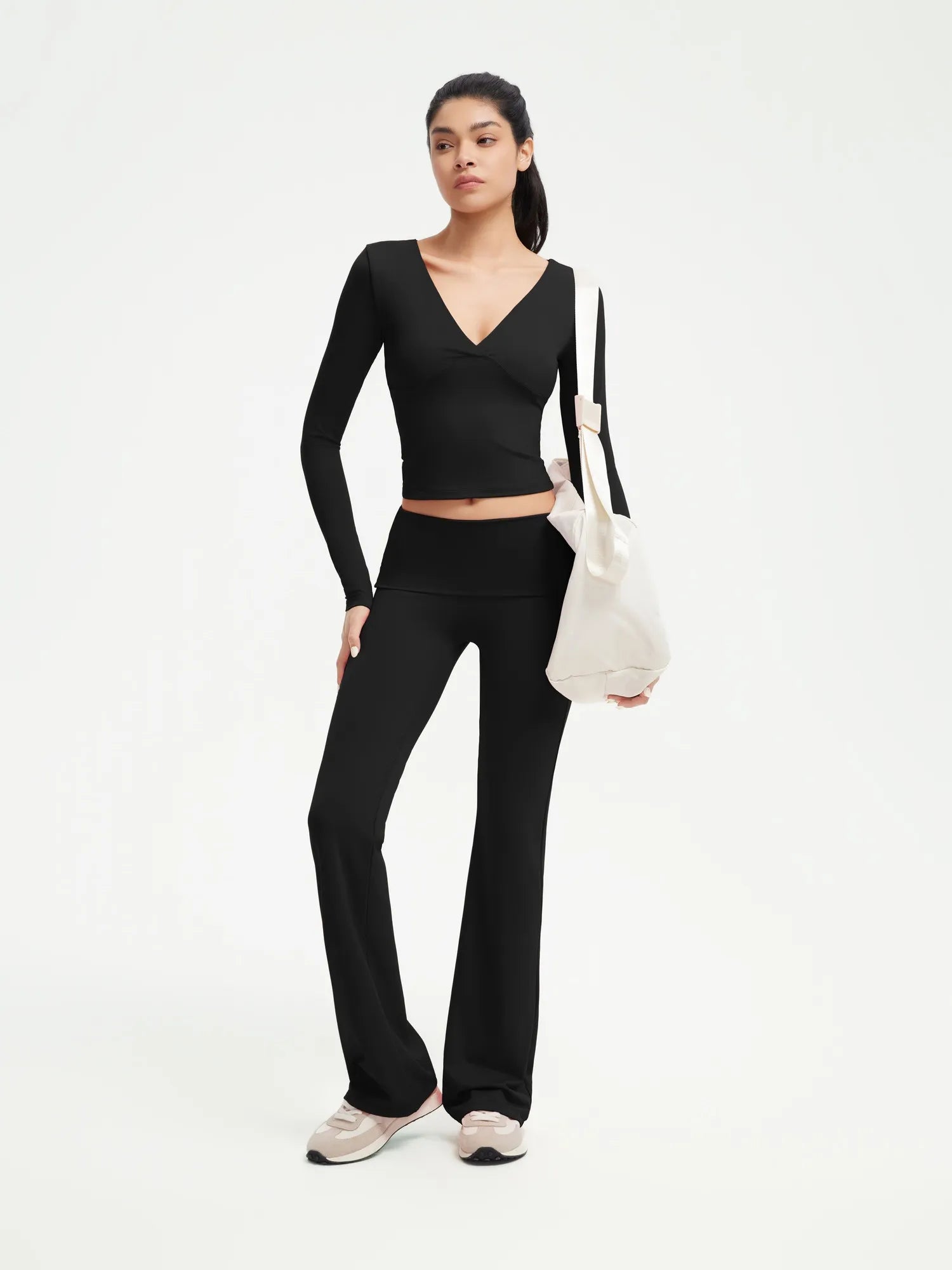 SUUKSESS Women 2 pieces Lounge Sets Long Sleeve V Neck Tops Fold Over Flare Leggings-SUUKSESS-SUUKSESS