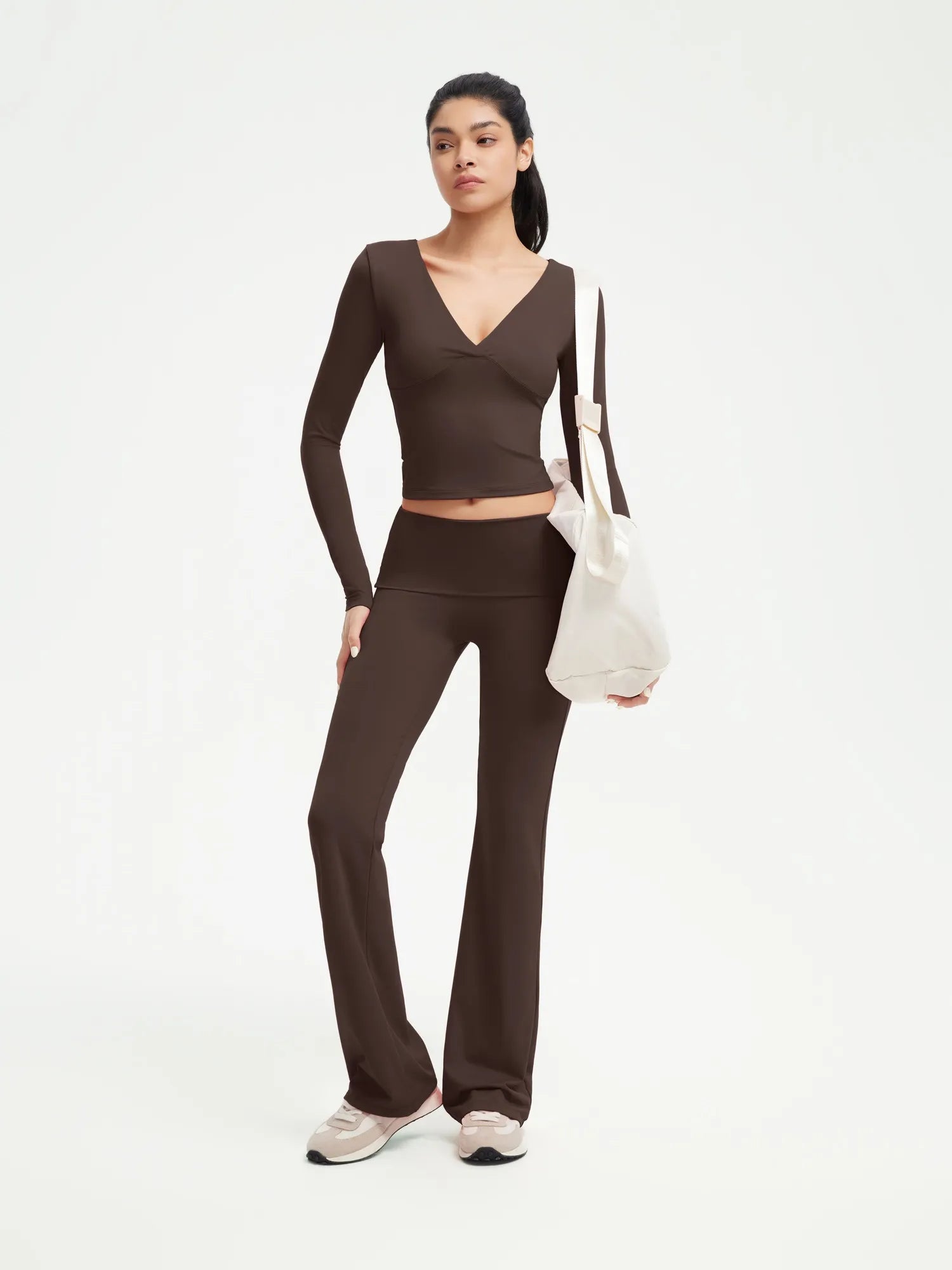 SUUKSESS Women 2 pieces Lounge Sets Long Sleeve V Neck Tops Fold Over Flare Leggings-SUUKSESS-SUUKSESS