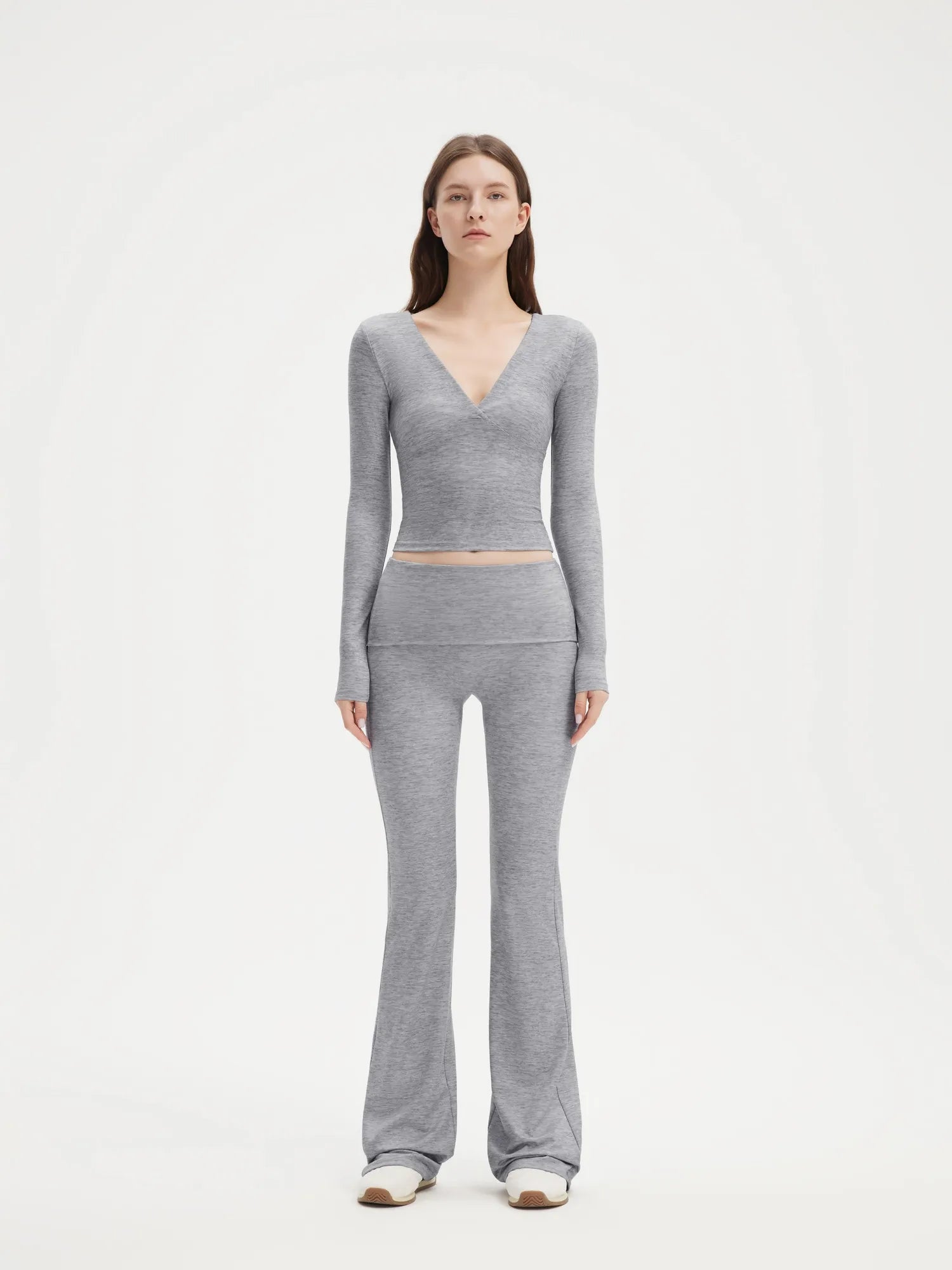 SUUKSESS Women 2 pieces Lounge Sets Long Sleeve V Neck Tops Fold Over Flare Leggings-SUUKSESS-Light Gray-XS-SUUKSESS