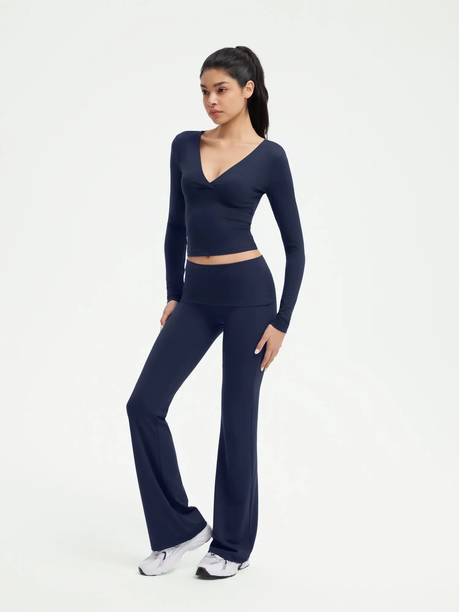 SUUKSESS Women 2 pieces Lounge Sets Long Sleeve V Neck Tops Fold Over Flare Leggings-SUUKSESS-SUUKSESS