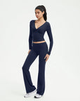 SUUKSESS Women 2 pieces Lounge Sets Long Sleeve V Neck Tops Fold Over Flare Leggings-SUUKSESS-SUUKSESS