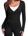 Tie Front Wrap Tops Leggings Outfits - Long Sleeve