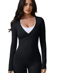 Tie Front Wrap Tops Leggings Outfits - Long Sleeve