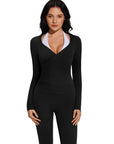 Tie Front Wrap Tops Leggings Outfits - Long Sleeve