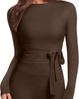Tie Front Wrap Tops Leggings Outfits - Long Sleeve
