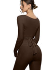 Tie Front Wrap Tops Leggings Outfits - Long Sleeve