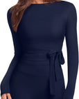 Tie Front Wrap Tops Leggings Outfits - Long Sleeve