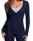 Tie Front Wrap Tops Leggings Outfits - Long Sleeve