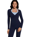 Tie Front Wrap Tops Leggings Outfits - Long Sleeve