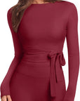 Tie Front Wrap Tops Leggings Outfits - Long Sleeve