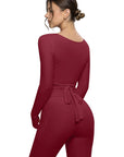Tie Front Wrap Tops Leggings Outfits - Long Sleeve