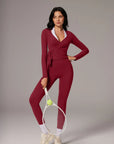 Tie Front Wrap Tops Leggings Outfits - Long Sleeve
