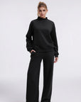 Cotton Mock Neck Sweatshirt Wide Pant Outfit