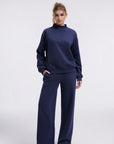Cotton Mock Neck Sweatshirt Wide Pant Outfit