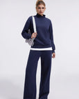 Cotton Mock Neck Sweatshirt Wide Pant Outfit