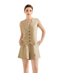 V Neck Vest Lounge Set-SUUKSESS-Khaki-XS-SUUKSESS