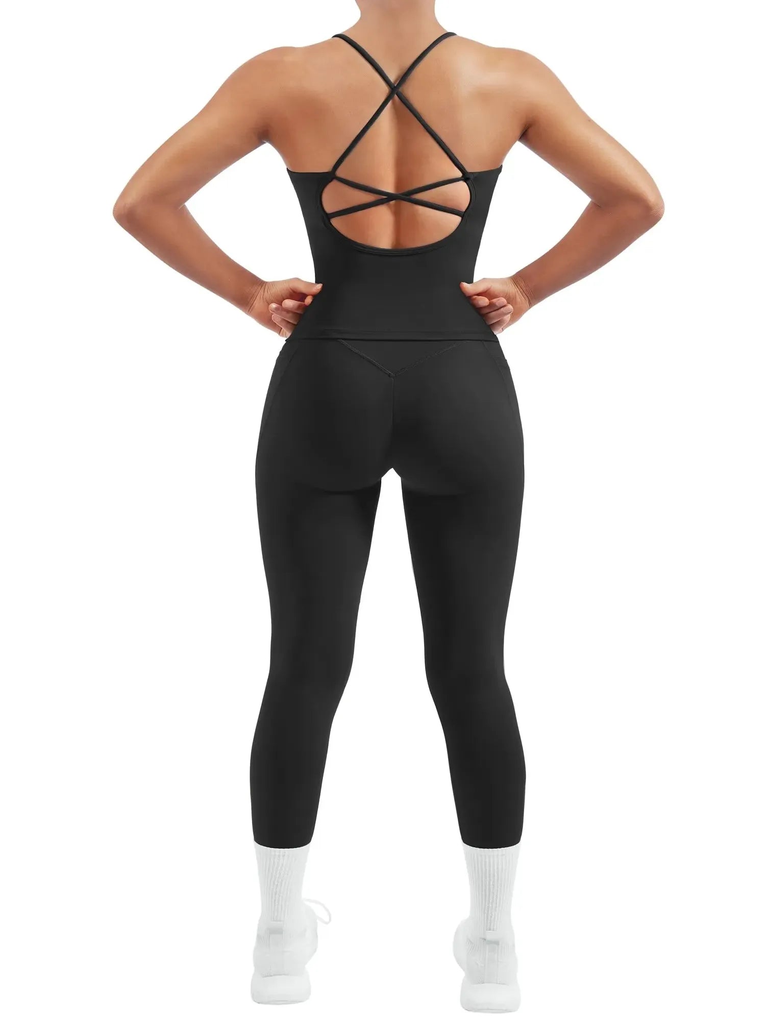 SUUKSESS Women 2 Piece Workout Sets Booty Leggings with Pockets Padded Tank Tops-SUUKSESS-Black-XS-SUUKSESS