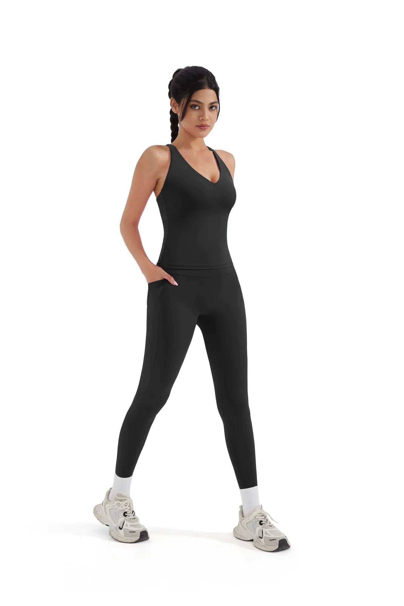 SUUKSESS Women 2 Piece Workout Sets Booty Leggings with Pockets Padded Tank Tops-SUUKSESS-SUUKSESS