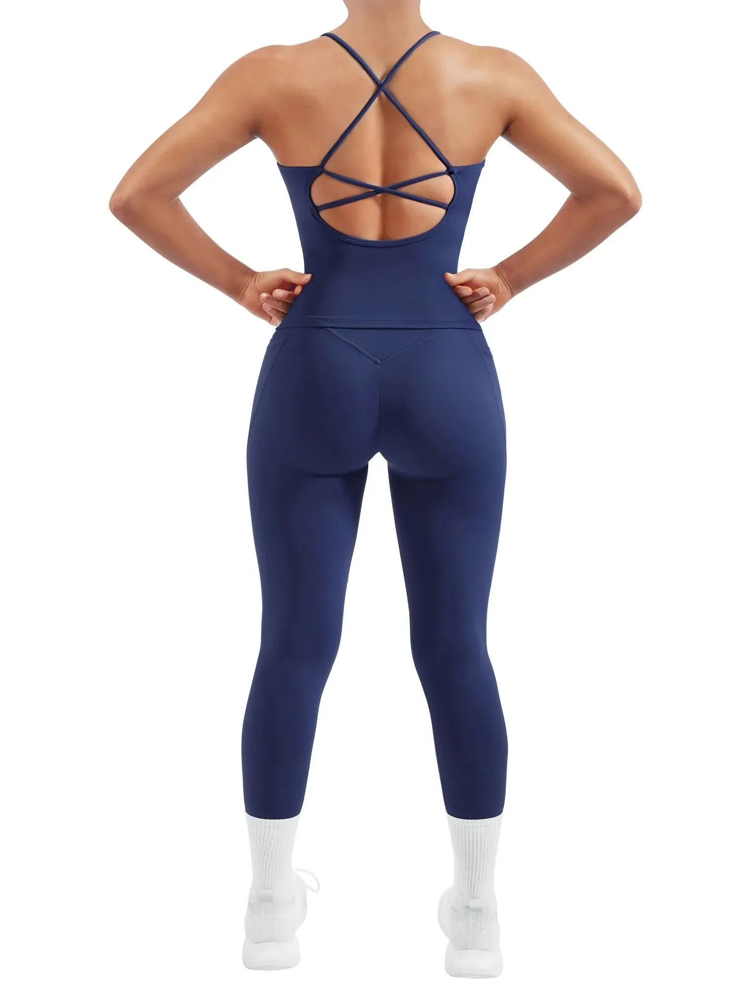 SUUKSESS Women 2 Piece Workout Sets Booty Leggings with Pockets Padded Tank Tops-SUUKSESS-Navy-XS-SUUKSESS