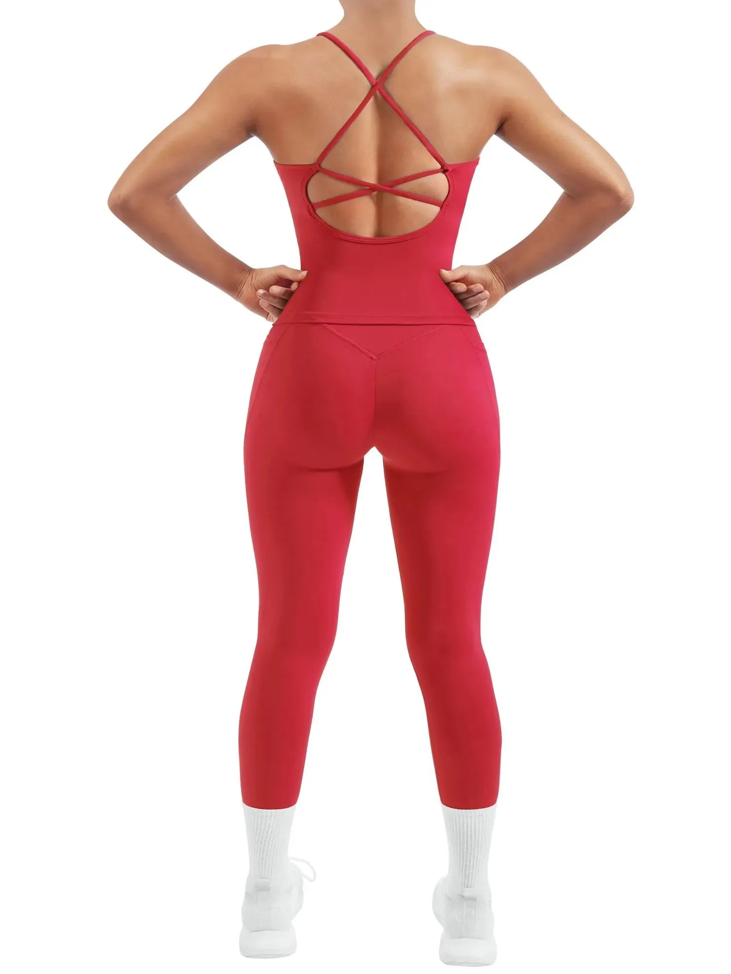 SUUKSESS Women 2 Piece Workout Sets Booty Leggings with Pockets Padded Tank Tops-SUUKSESS-Red-XS-SUUKSESS