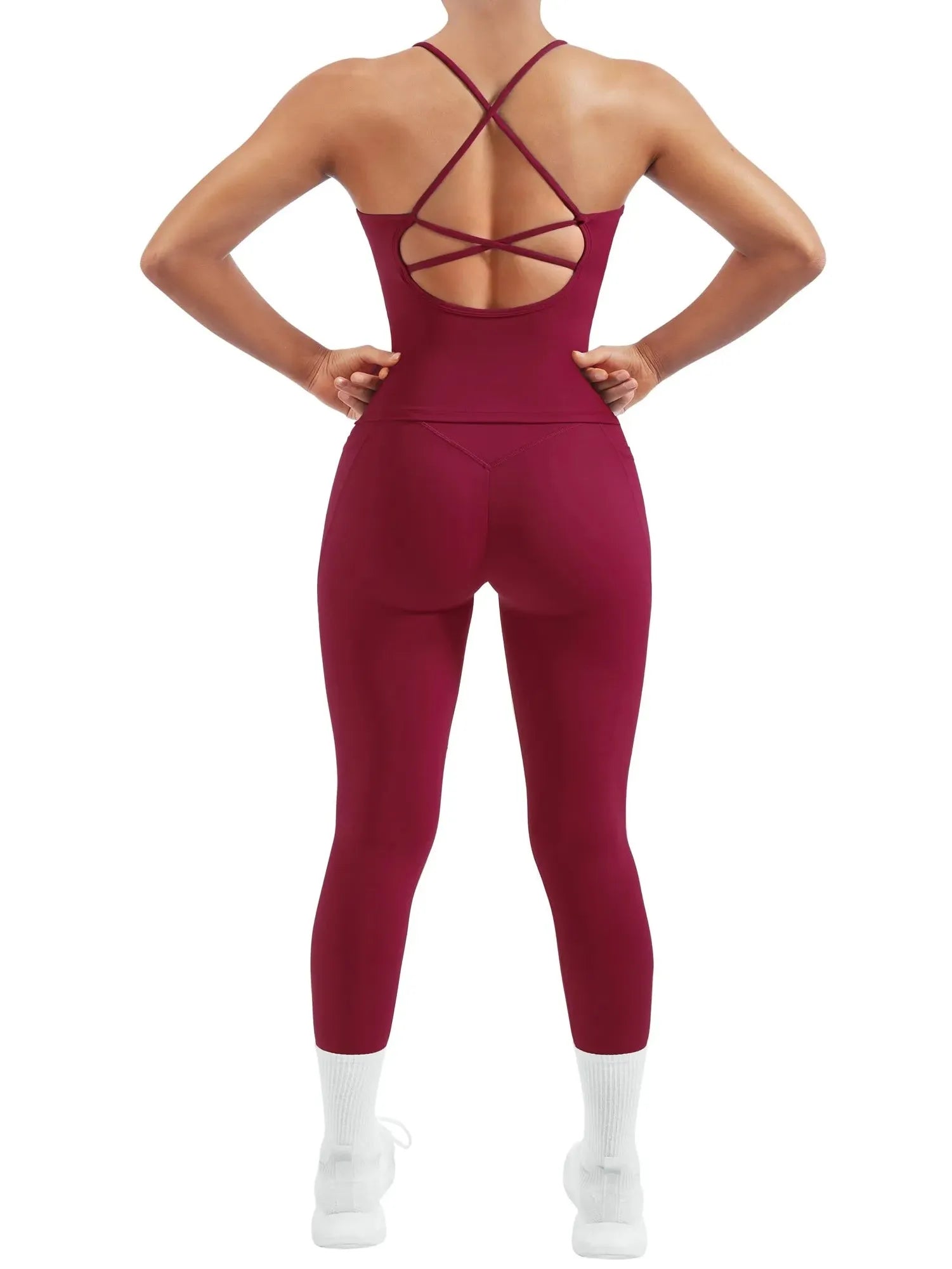 SUUKSESS Women 2 Piece Workout Sets Booty Leggings with Pockets Padded Tank Tops-SUUKSESS-Maroon-XS-SUUKSESS