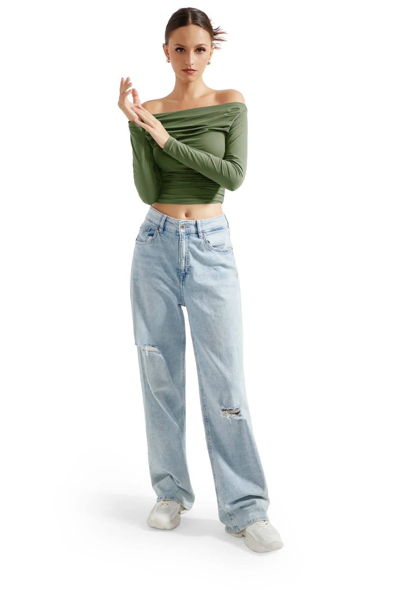 Buttery Soft Ruched Off Shoulder Shirt - Long Sleeve