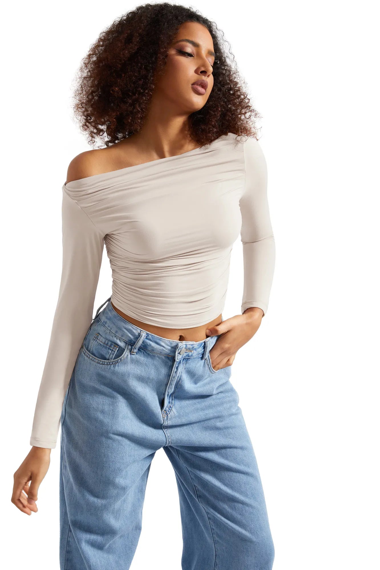 Buttery Soft Ruched Off Shoulder Shirt - Long Sleeve