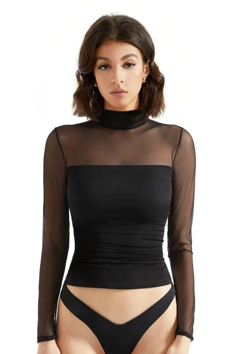 Mesh Mock Neck Shirt Long Sleeve SUUKSESS