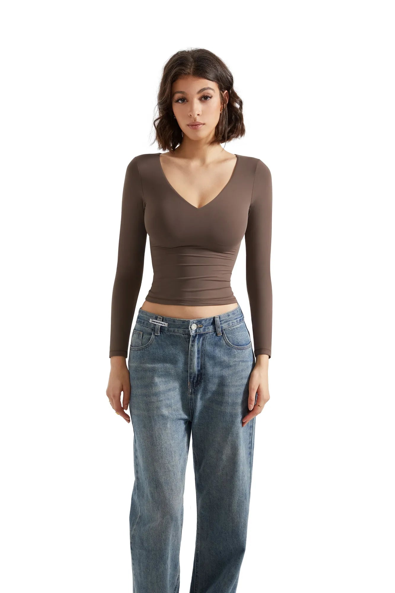 Buttery Soft V Neck Shirt - Long Sleeve-Clothing-SUUKSESS-Brown-XS-SUUKSESS