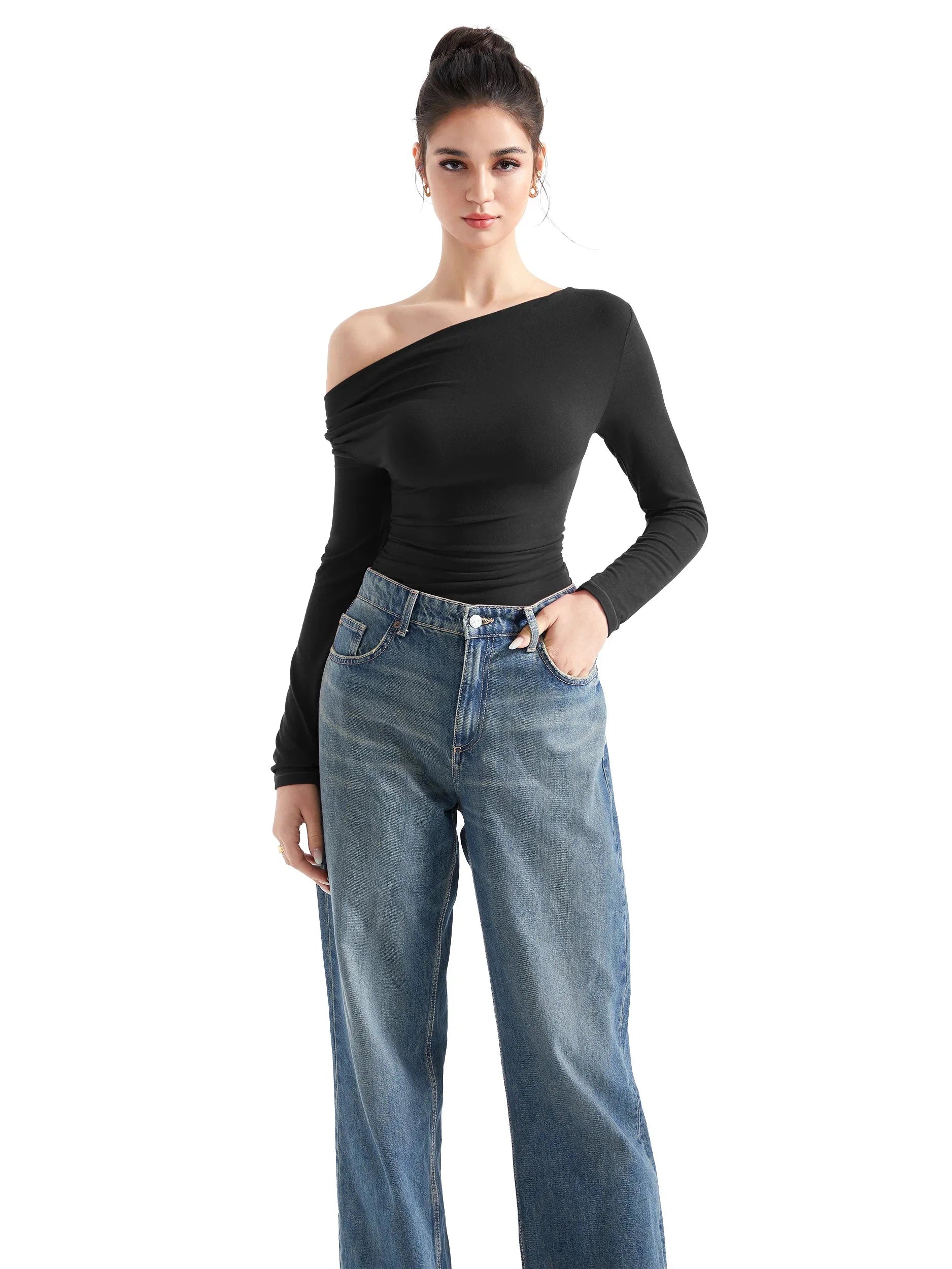 ★2023FW新作★SIO★COWL NECK WARMER LONG SLEEVE Plus Black Cowl Neck Long Sleeve Slinky Top | Plus Size