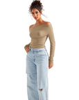 Off Shoulder Cowl Neck Shirt - Long Sleeve