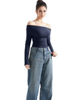 Off Shoulder Cowl Neck Shirt - Long Sleeve