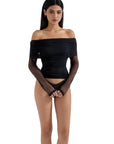 Mesh Off Shoulder Ruched Shirt - Long Sleeve
