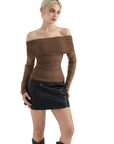 Mesh Off Shoulder Ruched Shirt - Long Sleeve