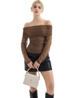 Mesh Off Shoulder Ruched Shirt - Long Sleeve
