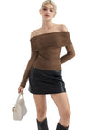 Mesh Off Shoulder Ruched Shirt - Long Sleeve