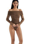 Mesh Off Shoulder Ruched Shirt - Long Sleeve