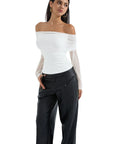 Mesh Off Shoulder Ruched Shirt - Long Sleeve