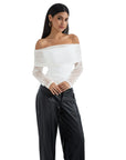 Mesh Off Shoulder Ruched Shirt - Long Sleeve