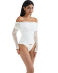 Mesh Off Shoulder Ruched Shirt - Long Sleeve
