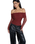 Mesh Off Shoulder Ruched Shirt - Long Sleeve