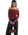 Mesh Off Shoulder Ruched Shirt - Long Sleeve