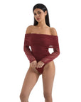 Mesh Off Shoulder Ruched Shirt - Long Sleeve