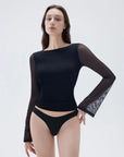 SUUKSESS Women Double Line Mesh Tops Boat Neck Long Sleeve Shirts-SUUKSESS-Black-S-SUUKSESS