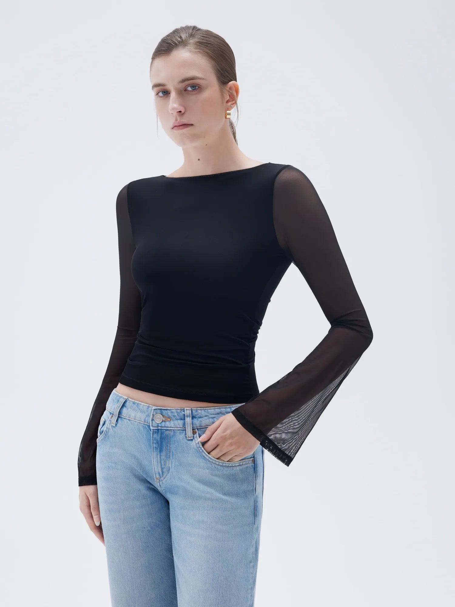 SUUKSESS Women Double Line Mesh Tops Boat Neck Long Sleeve Shirts-SUUKSESS-SUUKSESS