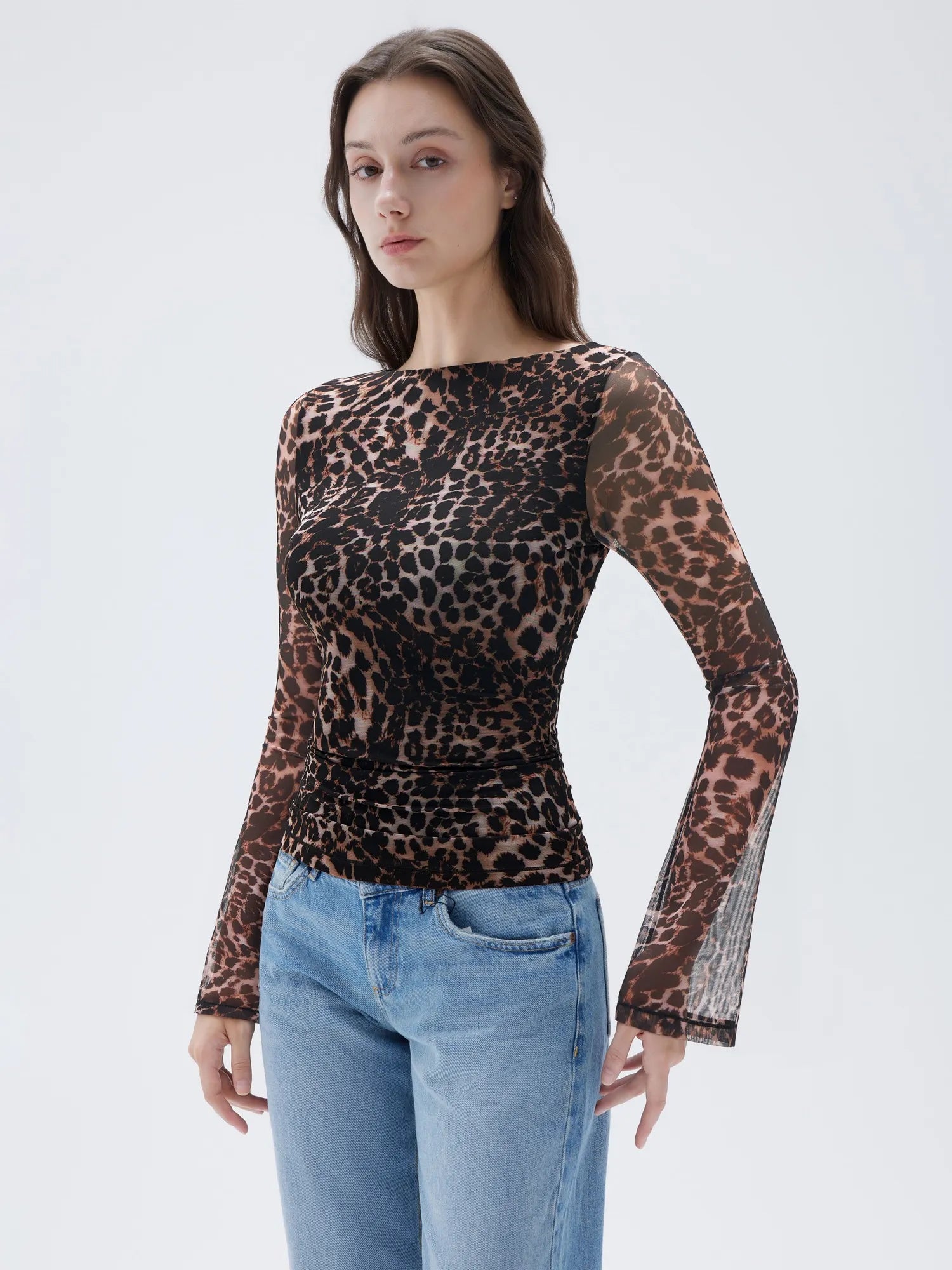 SUUKSESS Women Double Line Mesh Tops Boat Neck Long Sleeve Shirts-SUUKSESS-SUUKSESS