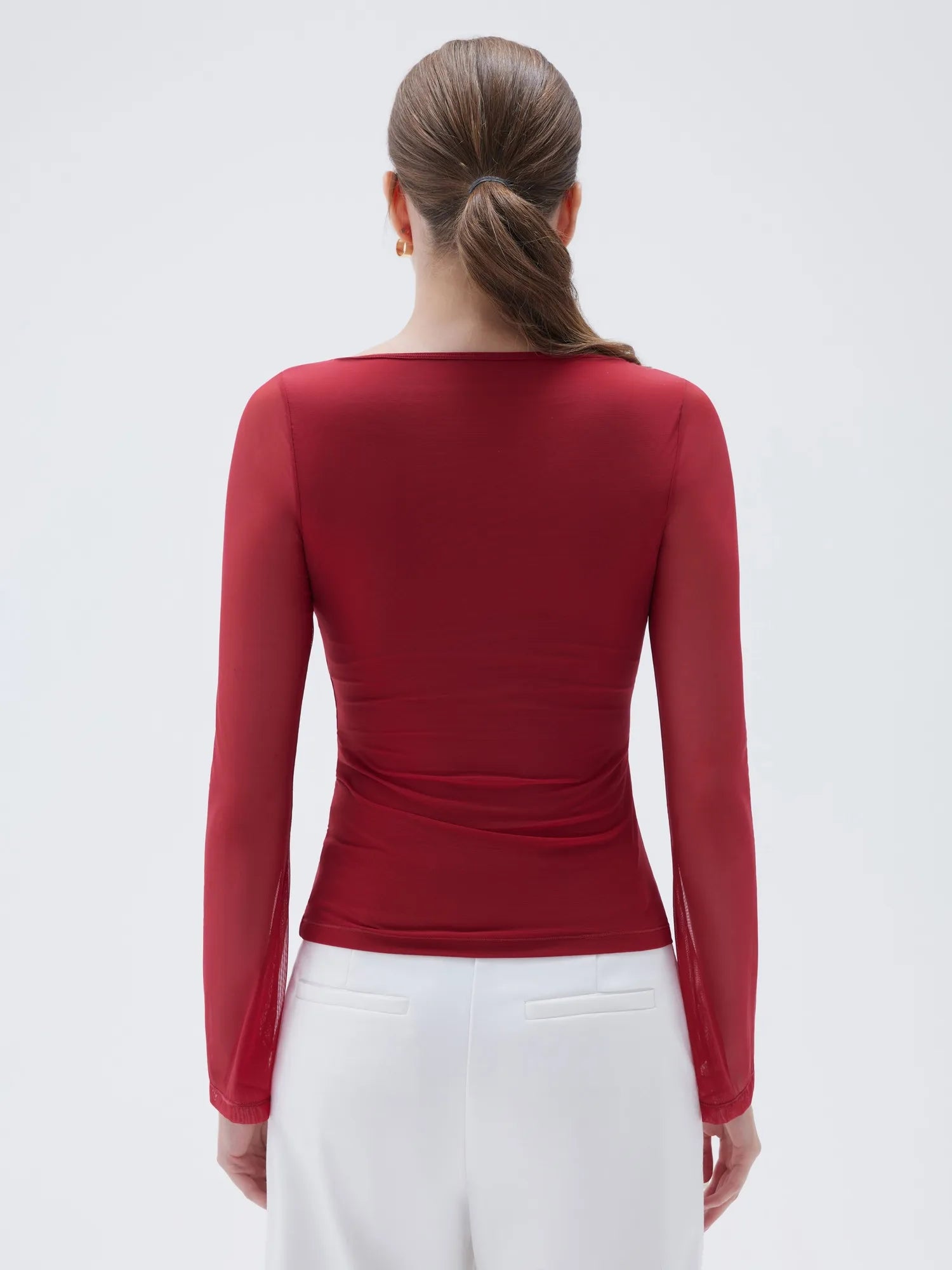 SUUKSESS Women Double Line Mesh Tops Boat Neck Long Sleeve Shirts-SUUKSESS-SUUKSESS