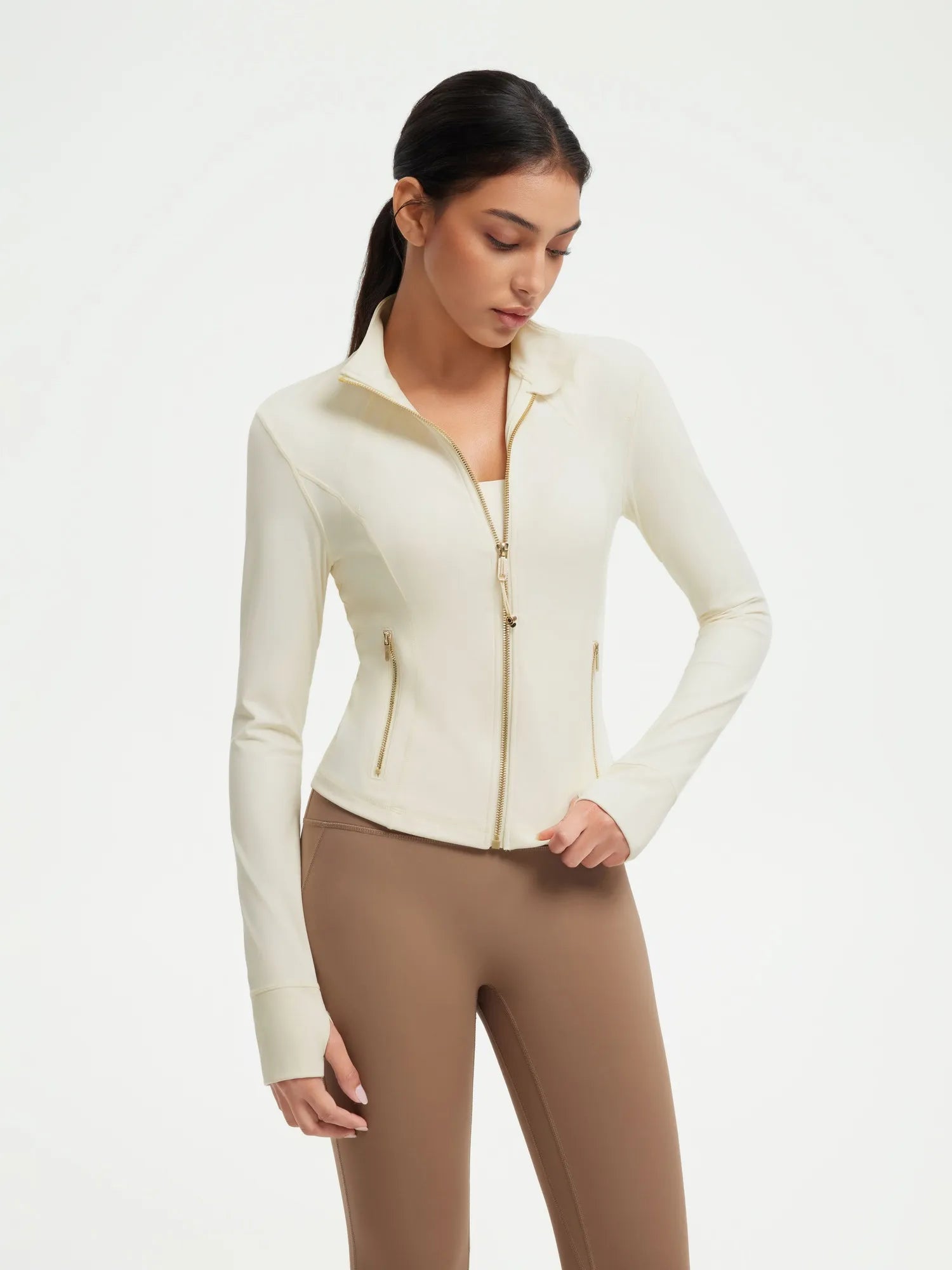 SUUKSESS Women Golden Full Zip Up Workout Cropped Jackets Lightweight Athletic Yoga Tops-SUUKSESS-Beige-XS-SUUKSESS