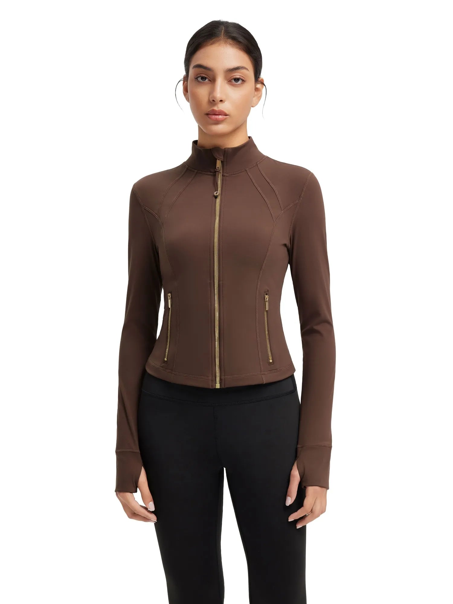 SUUKSESS Women Golden Full Zip Up Workout Cropped Jackets Lightweight Athletic Yoga Tops-SUUKSESS-SUUKSESS